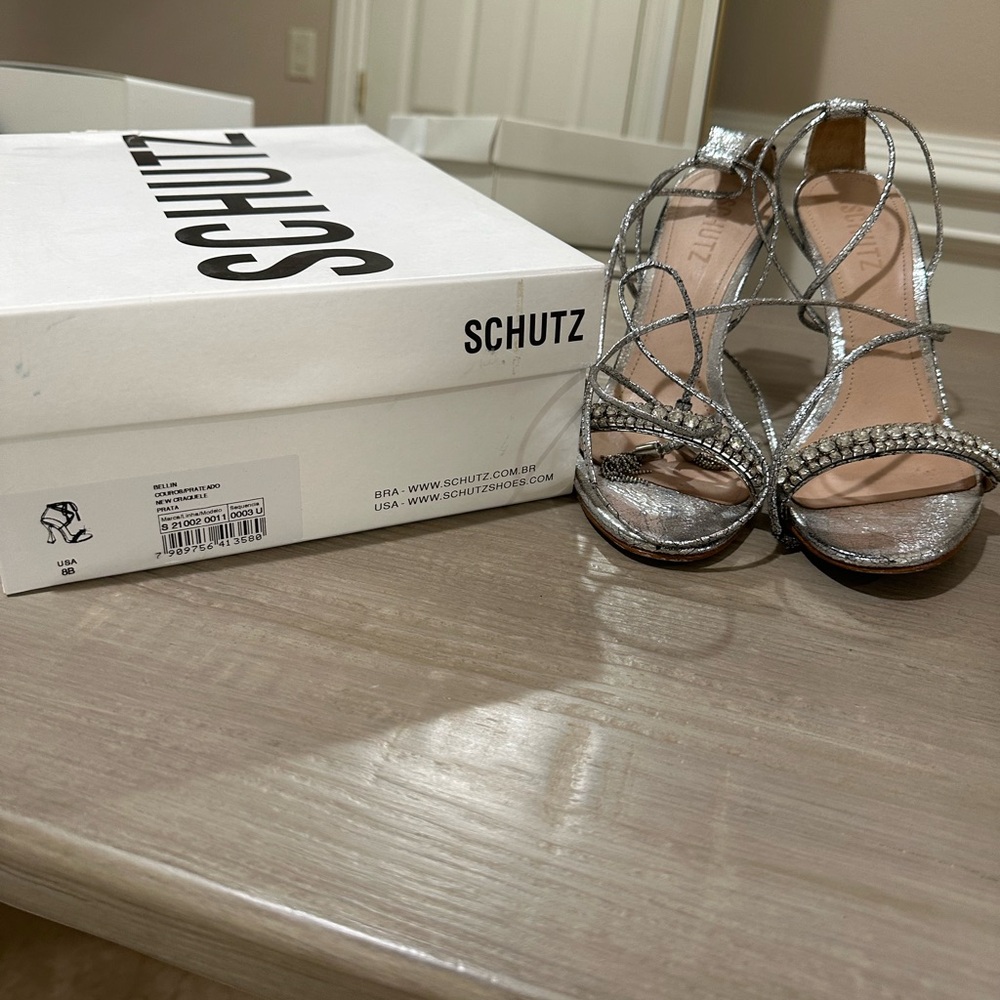 SCHUTZ Metallic Silver Strappy Heels